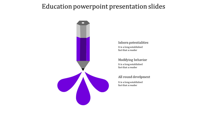 Educational diagram showing metallic and purple pencil creating three violet droplet shapes, text aligned right.
