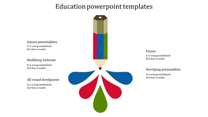 Education themed design showing colored pencil with petals for growth and development each with caption areas.
