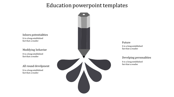 Monochrome pencil infographic with droplet shapes linked to educational captions like Developing Personalities.