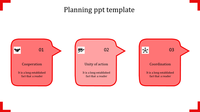 Red planning template with three speech bubbles labeled cooperation, uinity of action, and coordination.