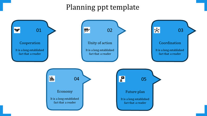 Five step blue speech bubble design illustrating planning stages with icons and captions areas placed in white backdrop.