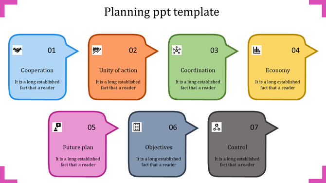 A colorful PowerPoint planning template featuring seven sections from Cooperation to Control with icons and placeholder text.