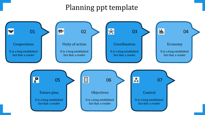 Seven step planning template with blue speech bubbles, icons, and numbered sections each with caption areas.