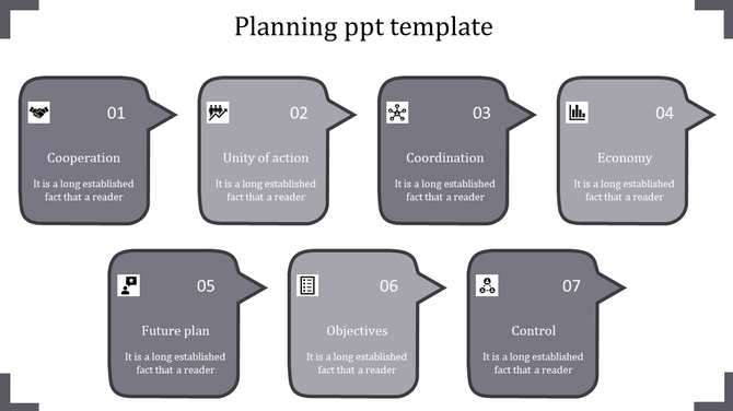 Planning template with seven gray speech bubbles showcasing sequential steps, each with icons and descriptions.