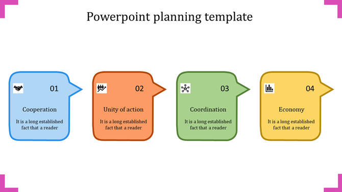 A PowerPoint planning template with four colorful speech bubbles from cooperation to the economy with icons and text area.