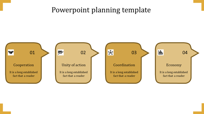 Planning template with gold speech bubbles highlighting cooperation, unity of action, coordination, and economy.