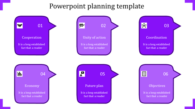Speech bubble template with six planning steps and relevant icons for each stage in purple tones.