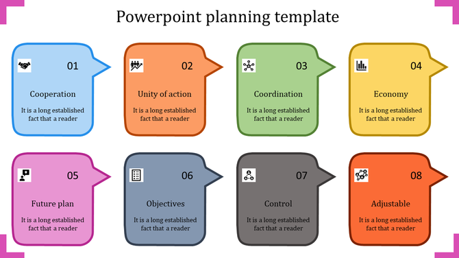 A colorful planning template with eight sections, each labeled with a distinct concept from Cooperation to Adjustable.