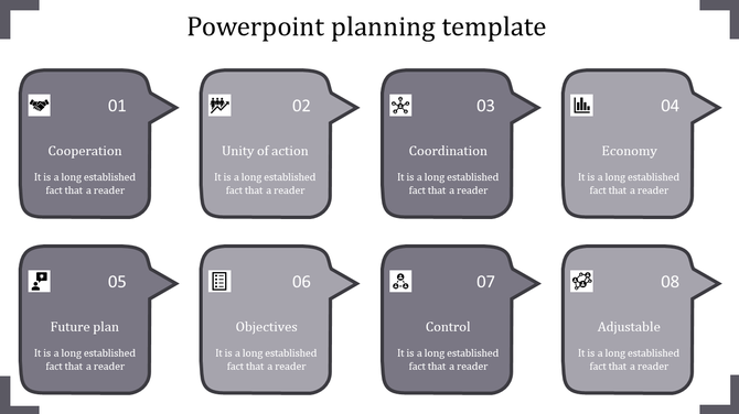 Gray dialogue box design with eight steps labeled from cooperation to adjustable placed in a white backdrop.