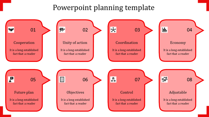 Speech bubble template in red theme with eight planning steps and relevant icons for each stage placed in white backdrop.