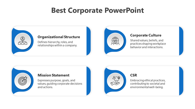 Blue highlighted cards illustrating key corporate concepts with icons and text placed in white background.