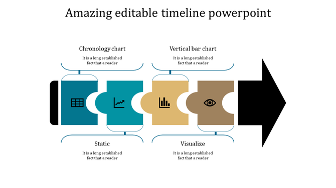 Horizontal timeline with teal and brown puzzle segments connected to chronology and bar chart.