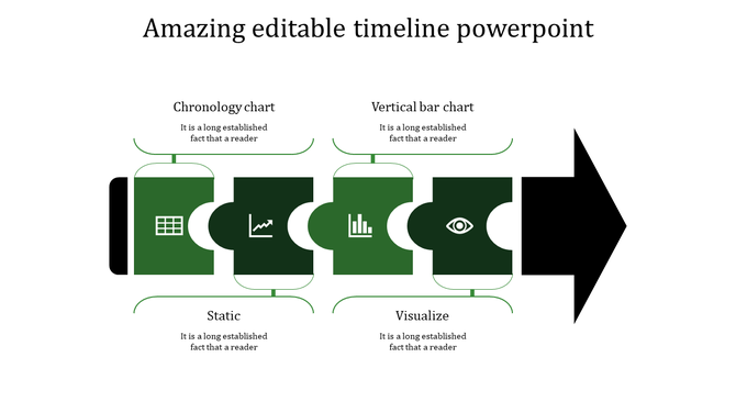 Horizontal timeline with green puzzle segments connected to chronology and bar chart placed with caption areas.