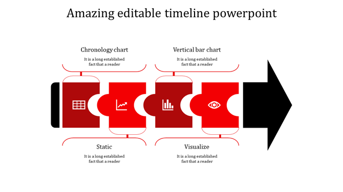 Horizontal timeline with red puzzle segments connected to chronology and bar chart placed with caption areas.