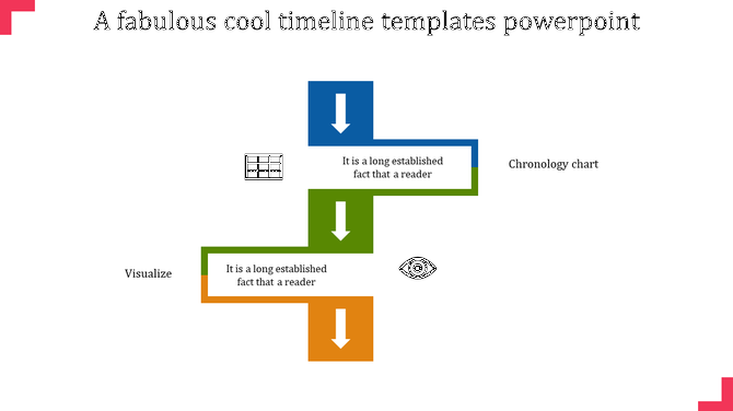 Timeline with blue, green, and orange blocks and white arrows pointing down, connected to a grid and eye icon.