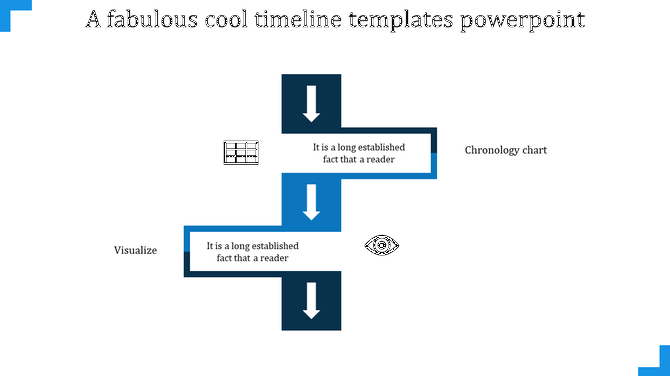 Simple cool timeline PowerPoint slide with blue arrows pointing down, featuring icons for data grid and visualization.