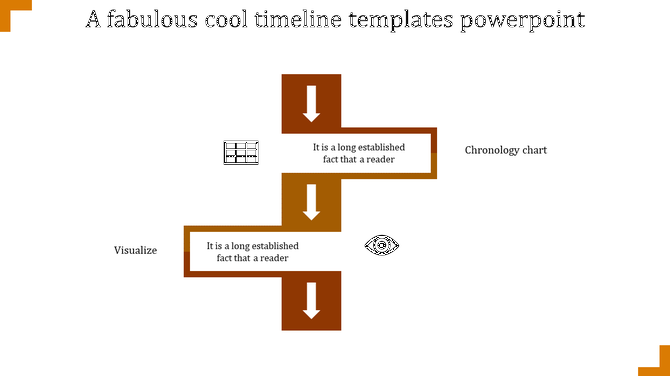 Simple cool timeline PowerPoint slide with orange arrows pointing down, featuring icons for data grid and visualization.