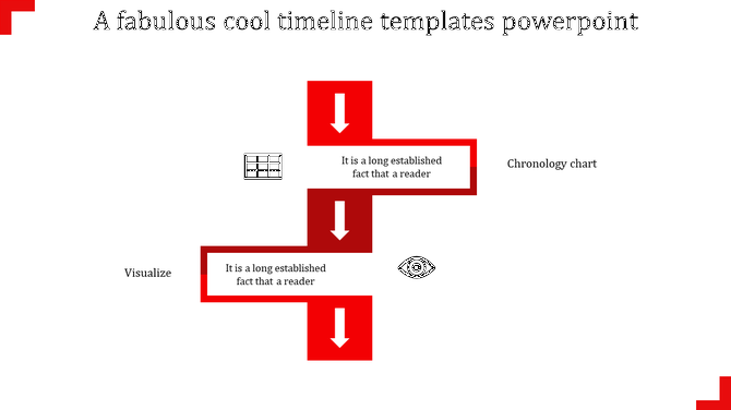 Timeline infographic featuring two red blocks with white arrows pointing downward, connected to icons and text.
