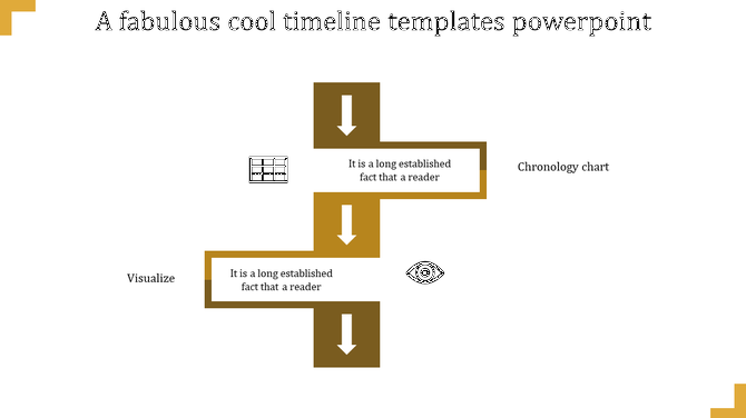 PowerPoint timeline template with yellow arrows and icons for chronology chart and visualization and placeholder text.