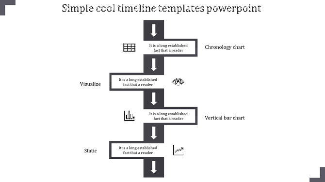 Timeline PowerPoint slide with vertical grey arrows, illustrating chronology, visualization, and static steps with icons.