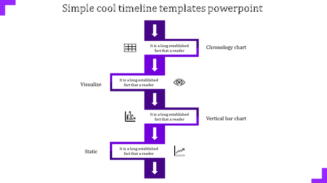 Timeline PowerPoint slide with vertical purple arrows, illustrating chronology, visualization, and static steps with icons.