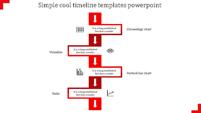 Stepwise red timeline with downward arrows and labels for chronology and static  each with placeholder text areas.