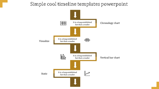 Timeline design featuring yellow blocks with downward arrows, paired with icons for charts and visualization concepts.