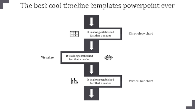 Slide design featuring three gray and white blocks with downward arrows, illustrating a simple timeline process.