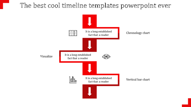 Timeline PPT slide with red arrows pointing downward, featuring icons for chronology, visualization, and bar charts.