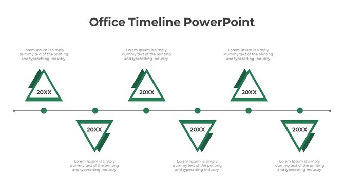 Modern timeline design with six triangular green markers, each labeled 20XX, arranged symmetrically.