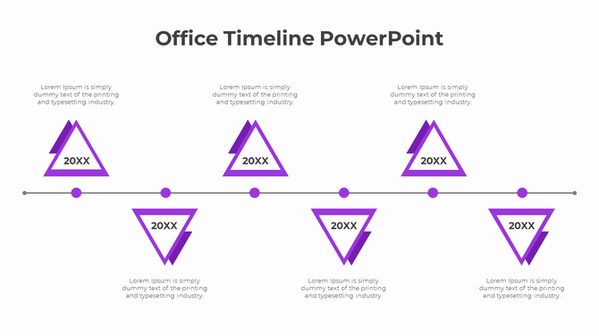Horizontal timeline with purple triangular markers and placeholder text areas labeled 20XX connected by circular nodes.