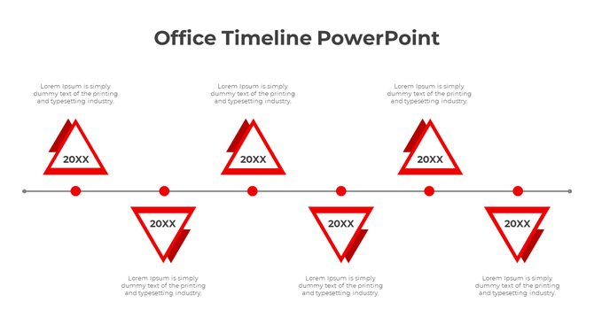 Office timeline slide featuring red triangles with year placeholders along a horizontal timeline.