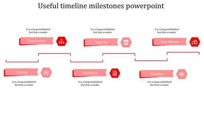 Six step timeline with red banners, hexagonal icons, and connecting lines on a white background.