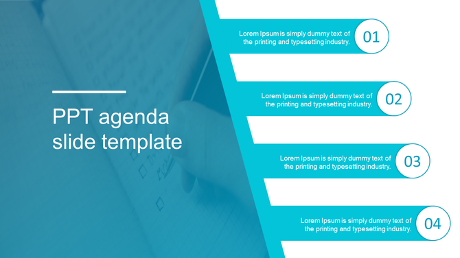 Business agenda template with four sequential steps on the right and a faded background image of a checklist on the left.