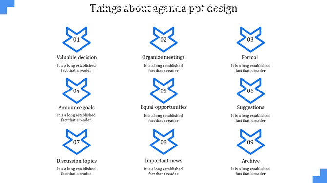 Agenda slide with nine blue arrow shaped icons, each numbered and linked to a topic, arranged in three vertical columns.