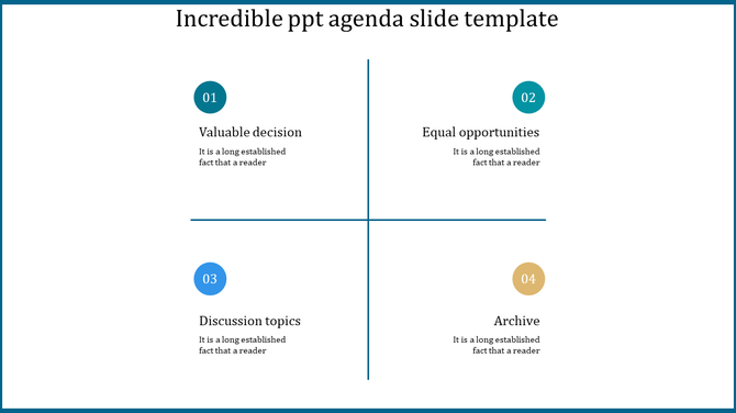 A four section agenda slide with labeled categories for various topics in a clean, professional layout with placeholder text.