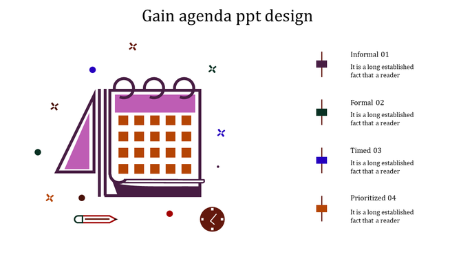 Agenda timeline template with six connected nodes on a blue line, each pointing to slanted captions areas.