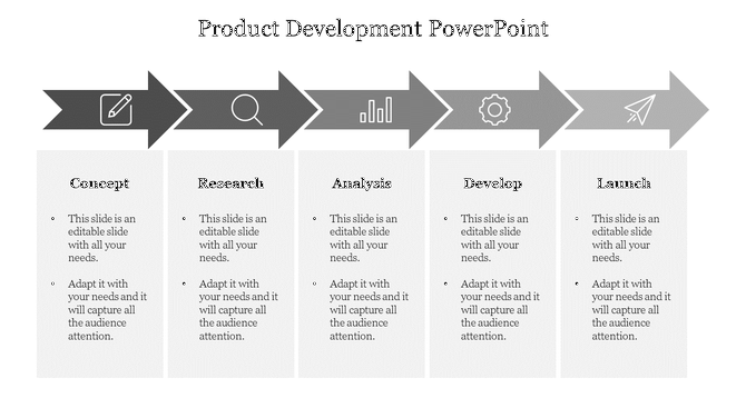 Product development PowerPoint slide with steps from concept to launch, featuring grey arrows and icons for each phase.