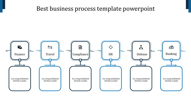 Horizontal business diagram featuring six blue boxes with icons, connected by arrows, in a linear flow structure.