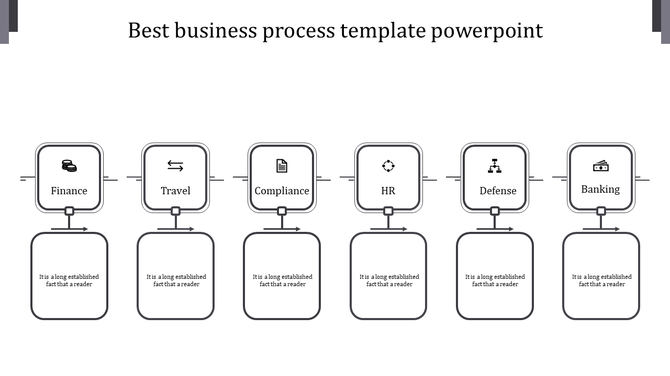 Business process diagram PPT slide with gray blocks from finance to banking, each containing text placeholders with icons.