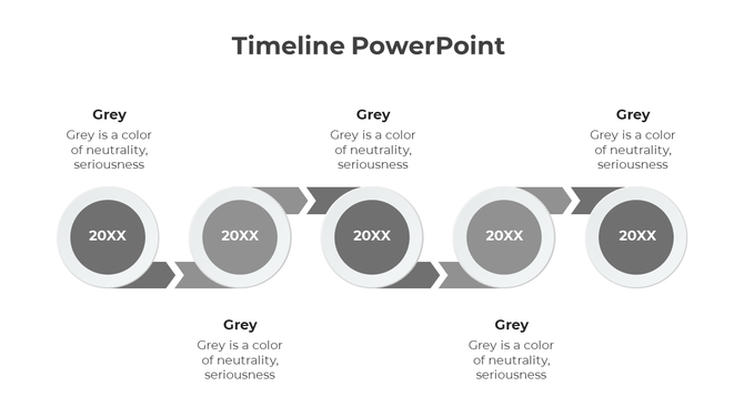 A timeline PPT slide featuring grey circles representing years, with arrows and descriptions about the color grey.