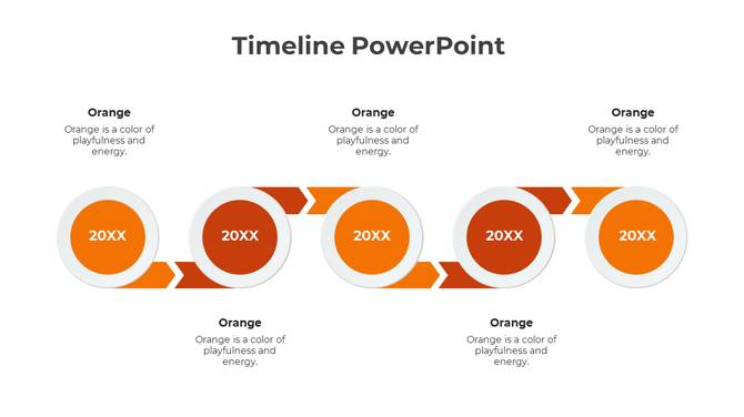 Timeline with alternating blue circles and arrows, displaying year placeholders in a horizontal flow.