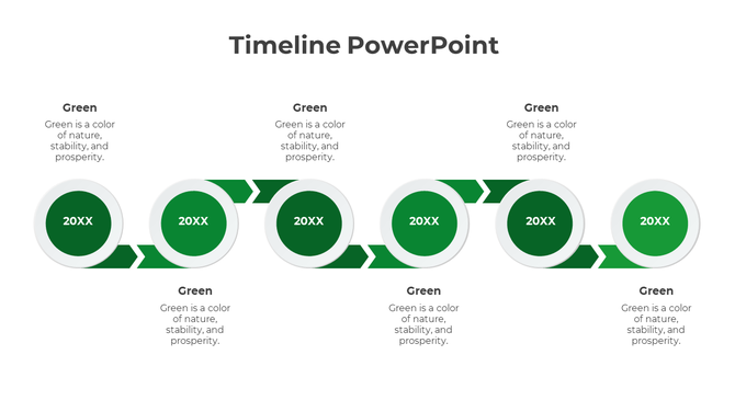 Business growth timeline with six orange arrow boxes featuring icons and connecting lines to text captions.