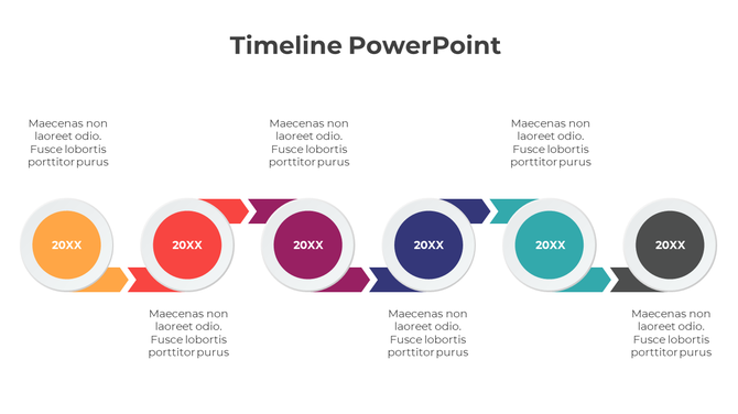 Purple circular timeline with five milestones linked by directional purple arrows on a white background.