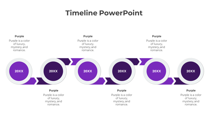 Professional timeline template featuring six purple circles linked by arrows, displaying a process on a white backdrop.