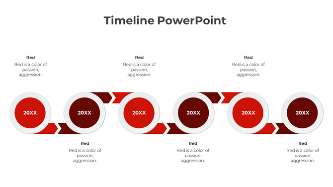 Green circular timeline with interconnected nodes marked '20XX' and text captions highlighting color meaning above.