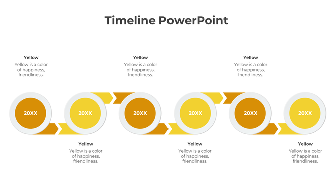 Horizontal yellow timeline with six circular milestones, each labeled 20XX, connected by arrows on a white background.