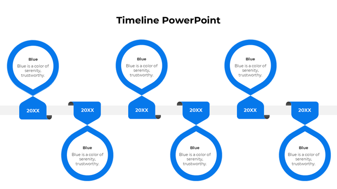 A sleek blue timeline PowerPoint template showcasing six circular markers for each year along with descriptions.