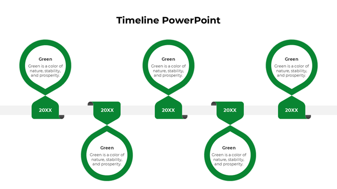 Modern timeline infographic with five bold green loops and milestone labels arranged along a central horizontal axis.