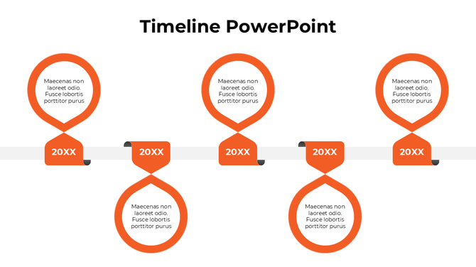 A timeline PowerPoint template in vibrant orange, featuring circular markers and connecting arrows for each milestone.
